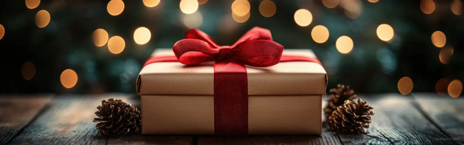 A Christmas gift box with red ribbon on dark wooden boards with golden bokeh lights in the background.