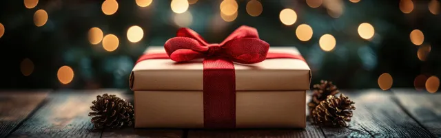 Christmas gift box with red ribbon and golden bokeh lights on dark rustic wood