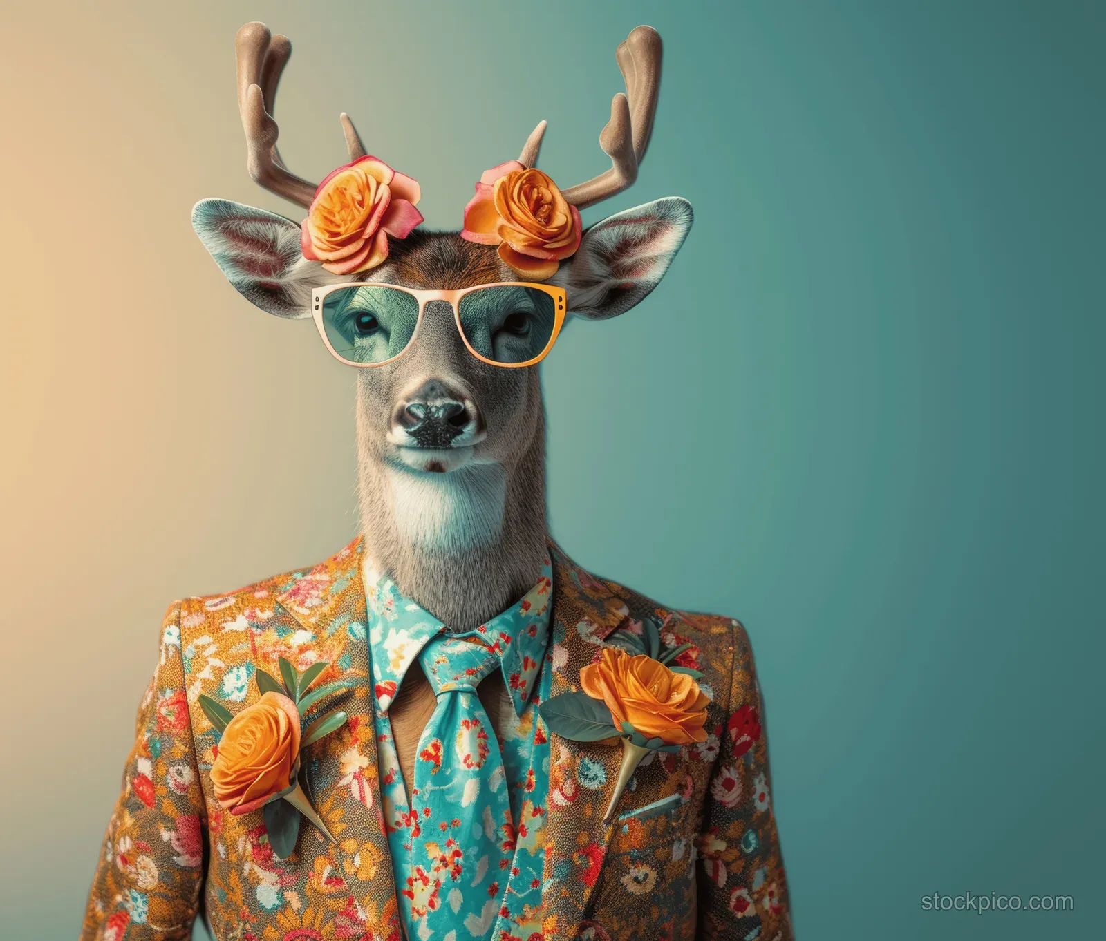 Stylish deer character wearing floral suit and orange glasses poses against a vibrant gradient background.