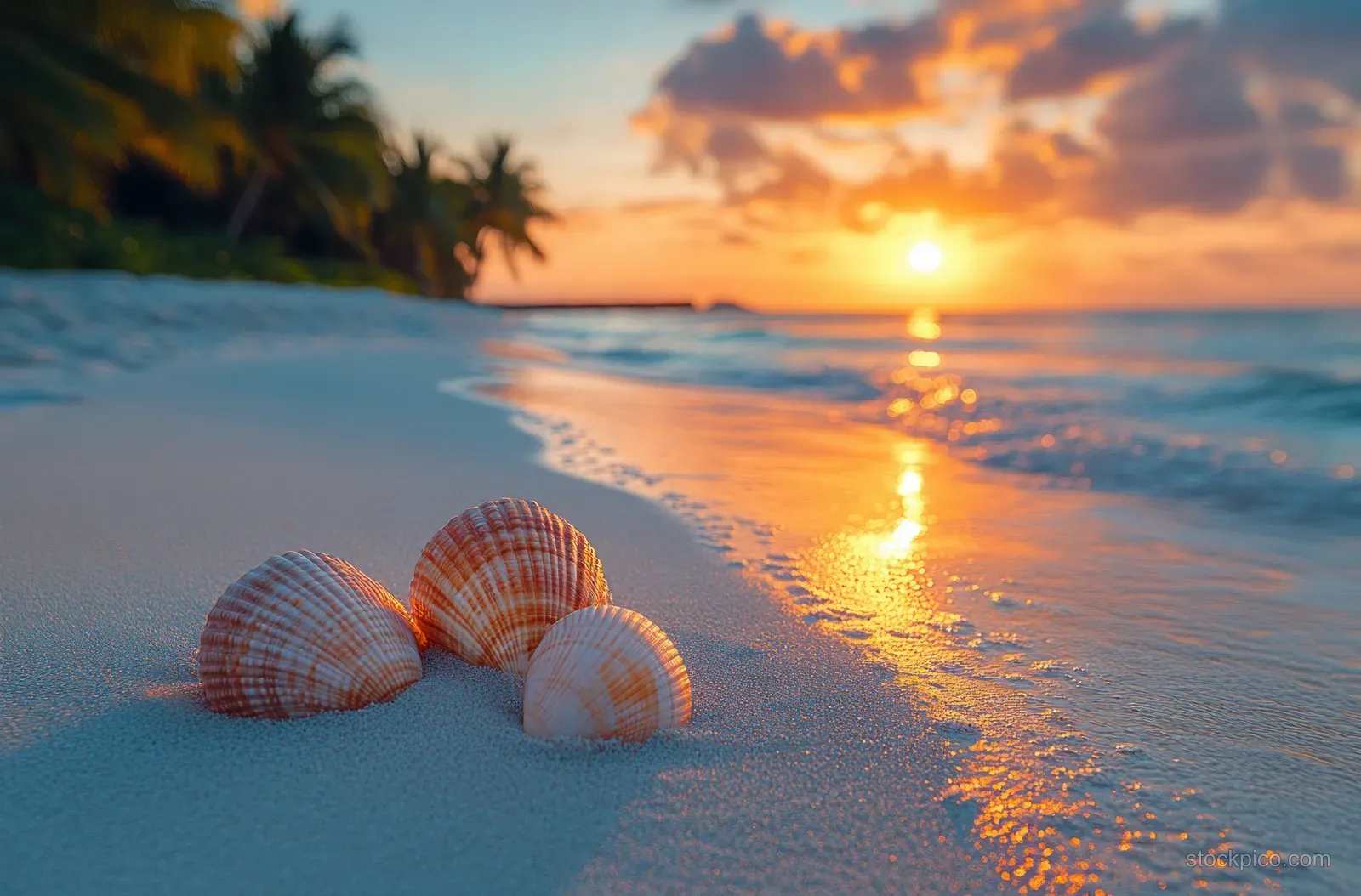 Seashells on wet sand with palm silhouettes as a sunset reflects on the ocean.