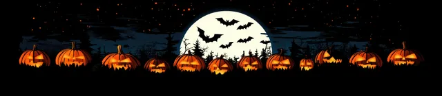 Glowing jack-o'-lanterns under a full moon while bats fly over dark silhouetted trees.