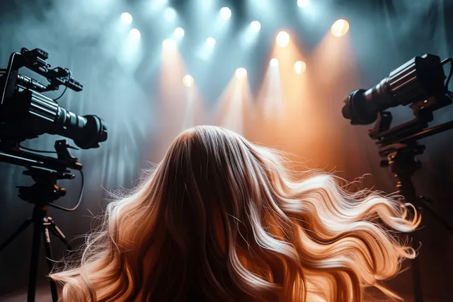 Back view of a performer between multiple tripod-mounted cameras under colorful studio spotlights.
