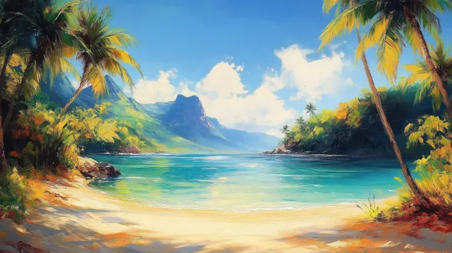 Palm-lined tropical beach and tranquil lagoon with turquoise reflections and glowing sunset clouds.