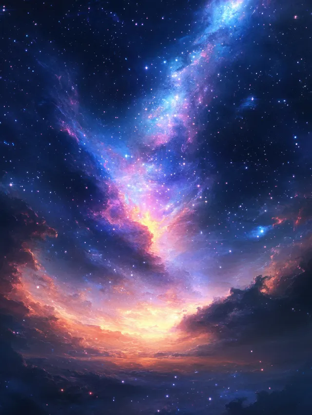 Swirling nebula galaxy fills the night sky above a dark horizon with glowing clouds and scattered stars.