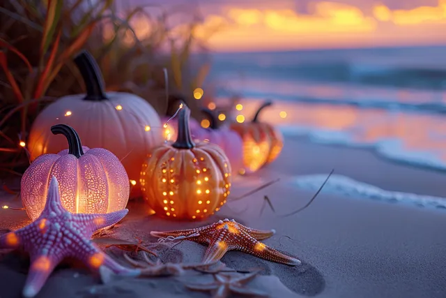 Glowing Halloween pumpkins and starfish on a sandy beach at sunset