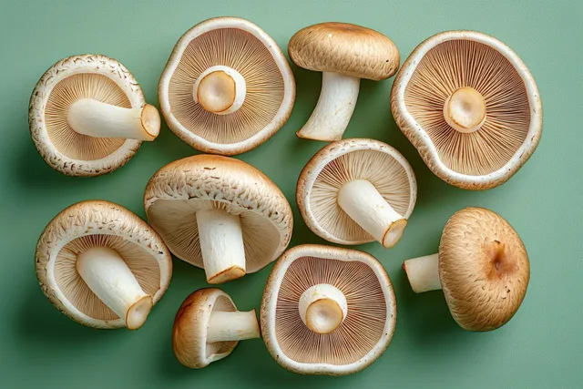 Fresh whole and sliced brown mushrooms with visible gills and white stems arranged on a green surface.