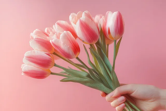 Child holding a pink tulip bouquet against soft pink background for Mother’s Day