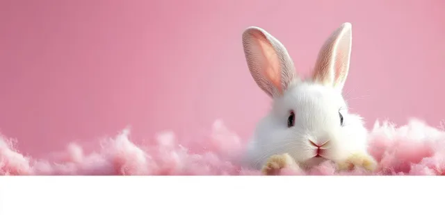 A white baby rabbit peeks from fluffy pink cotton on a pastel pink background with visible upright ears.
