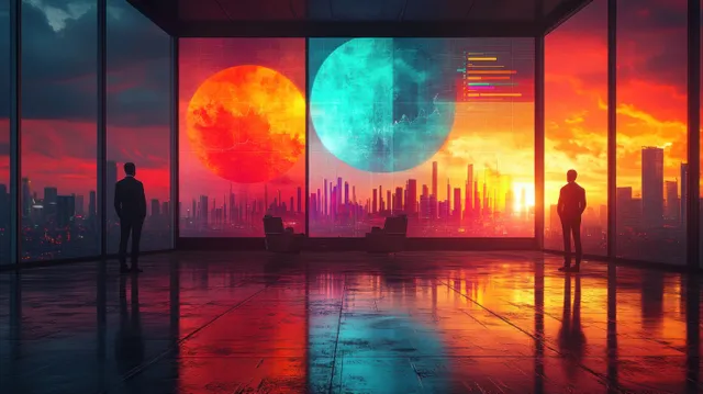 Silhouetted figures look out over a neon skyline with glowing planets reflected on wet pavement.