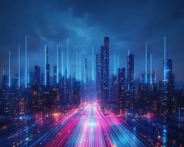 Cyberpunk City Skyline Glowing with Neon Light Trails at Night