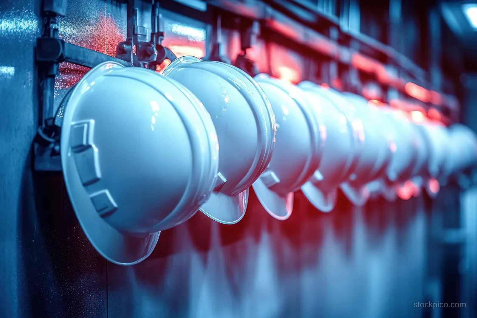 White safety helmets hang in a row on hooks in an industrial room under blue and red lights.