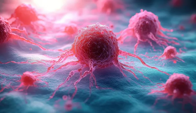 3D cancer cell cluster with glowing nuclei and branching filaments on dark background