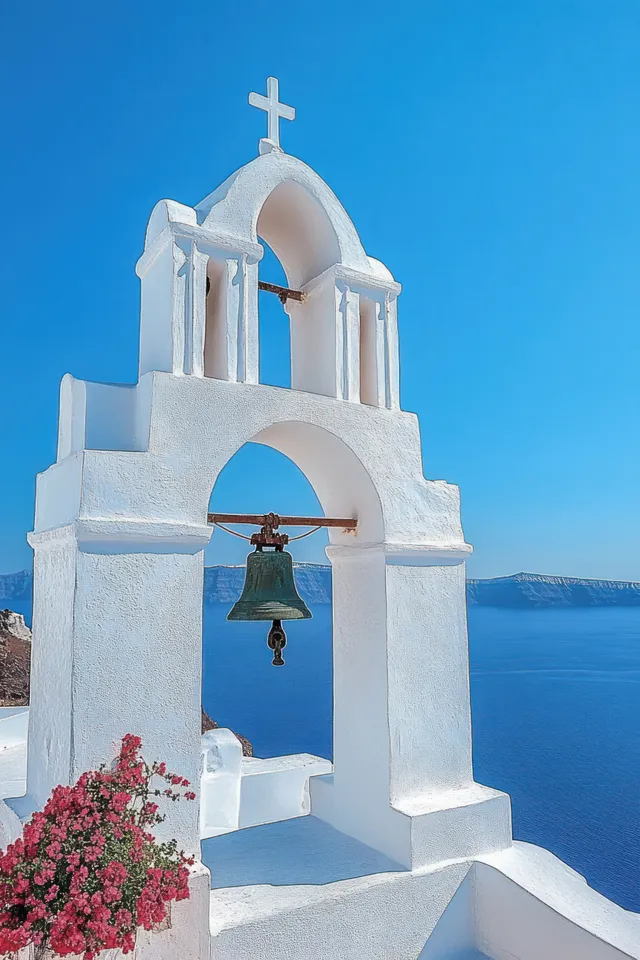 White church bell tower with cross stands above a deep blue sea with distant cliffs and pink flowers in front.