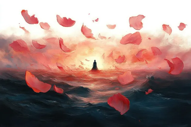 Lone silhouette standing in stormy ocean waves as red flower petals drift at sunset