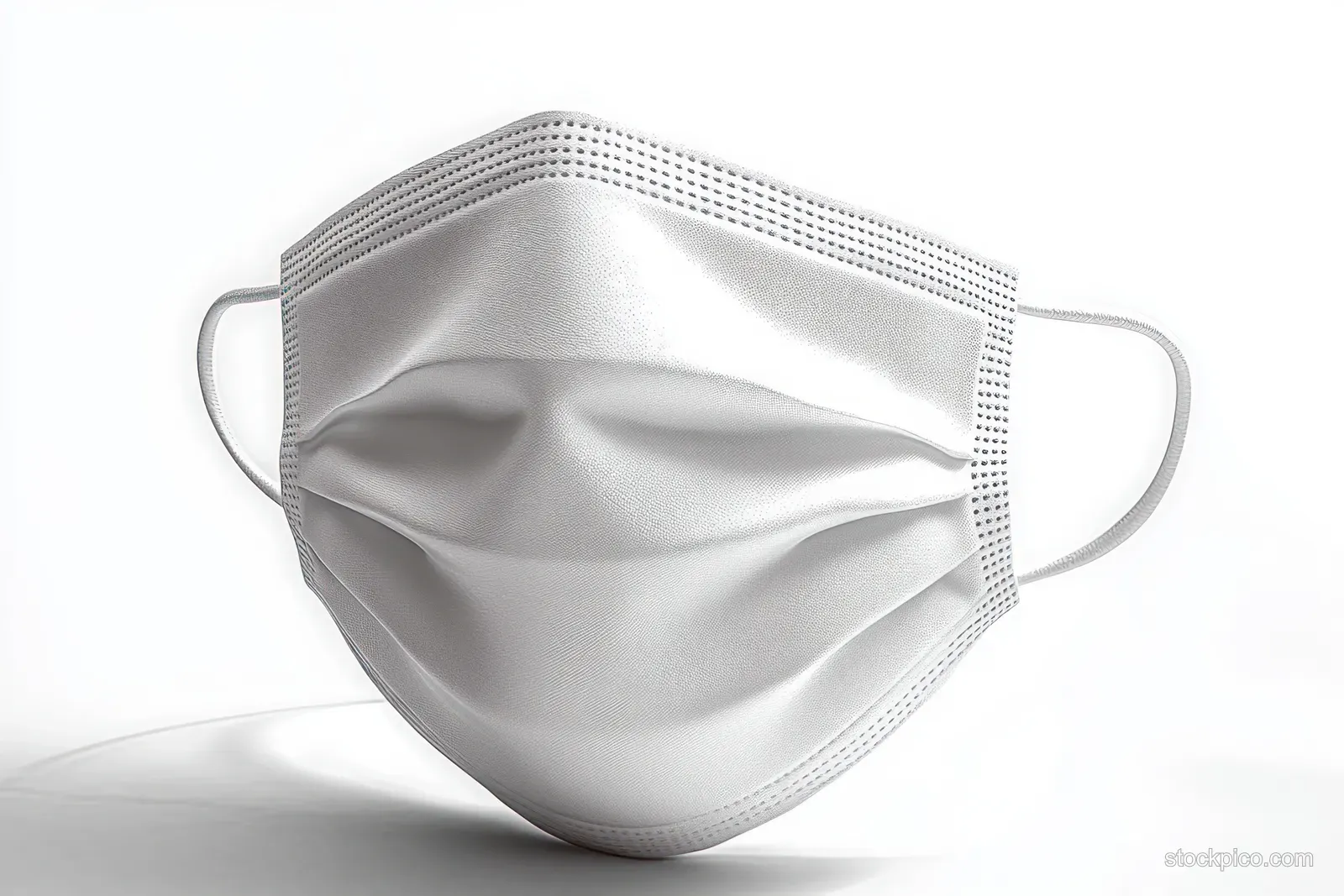 Close-up of a white disposable face mask with ear loops and folded pleats on a white background.