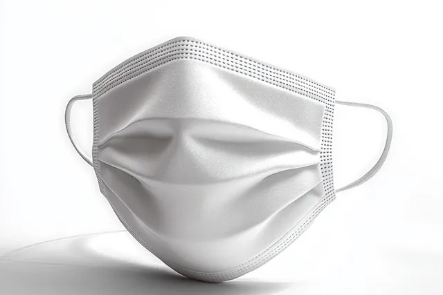 Close-up of a white disposable face mask with ear loops on a plain background