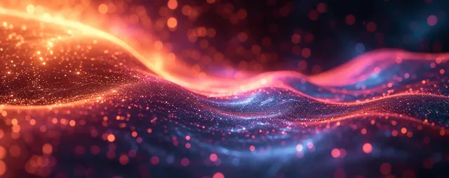 Neon digital tunnel of data waves with glowing particles fading into a dark corridor