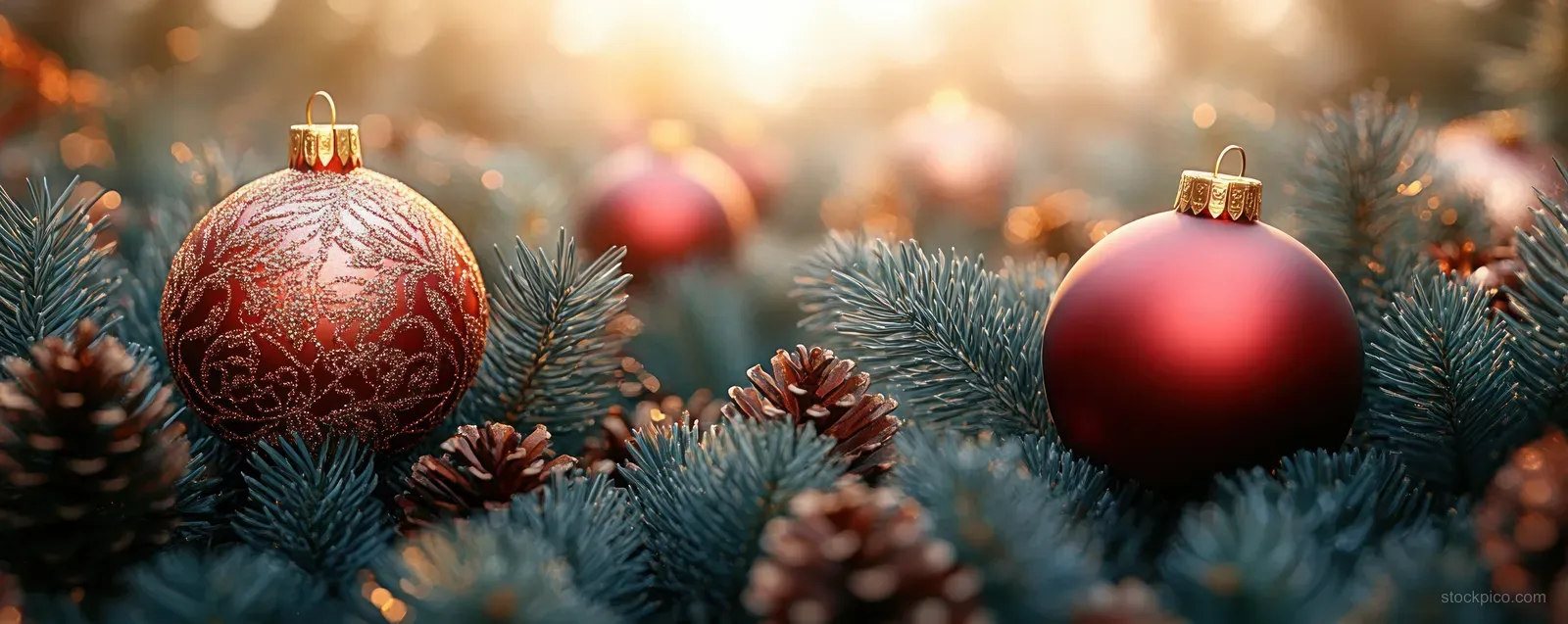 Red and gold Christmas baubles sit on pine branches with warm golden bokeh lights behind them.
