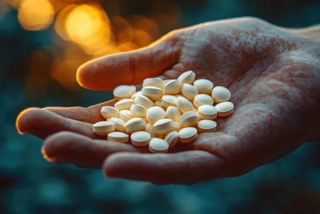 An outstretched hand holds a handful of white round tablets while warm bokeh blurs the background.