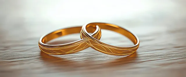 Two intertwined gold wedding rings placed on a wooden surface under warm light with soft reflections.