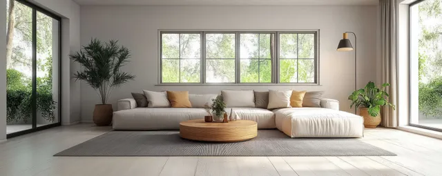 Sunlit living room with a large sectional sofa, round wooden coffee table, potted plants, and large windows showing greenery.