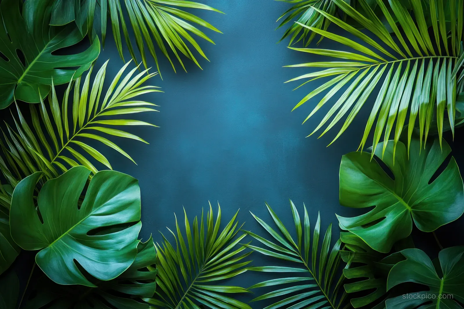 Tropical palm and monstera leaves frame a blue background.