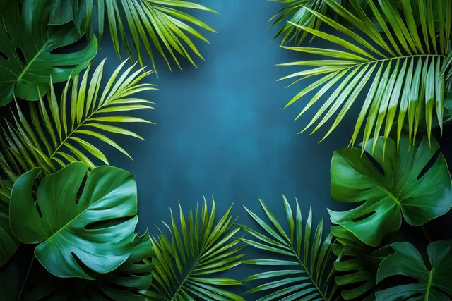 Tropical palm leaves framing a blue background with layered greenery