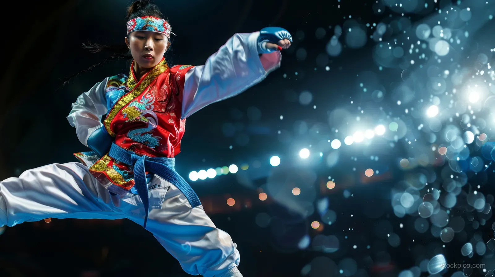 Chinese female taekwondo athlete performs a high aerial kick during a match with bright bokeh lights in the background.