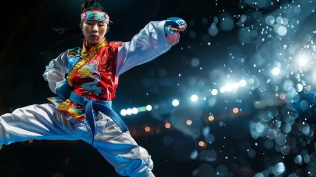 Chinese taekwondo competitor launches an aerial high kick under dramatic stadium lights