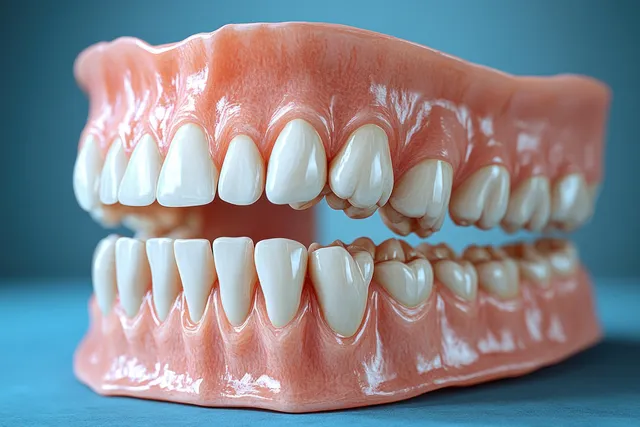 3D render of healthy teeth and gums shown on a blue gradient background.
