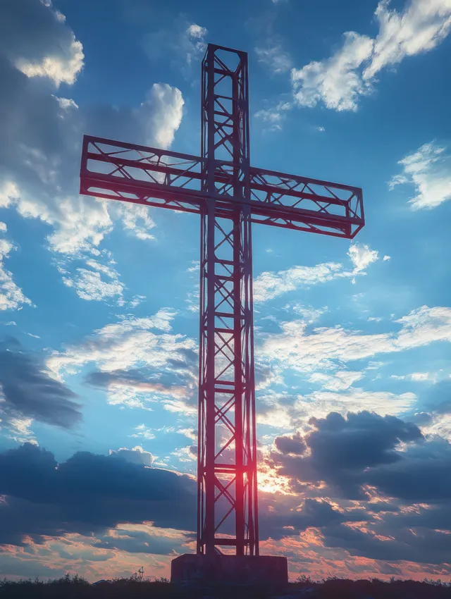 Metal cross framework silhouette on a hill under a colorful sunset sky with scattered clouds.