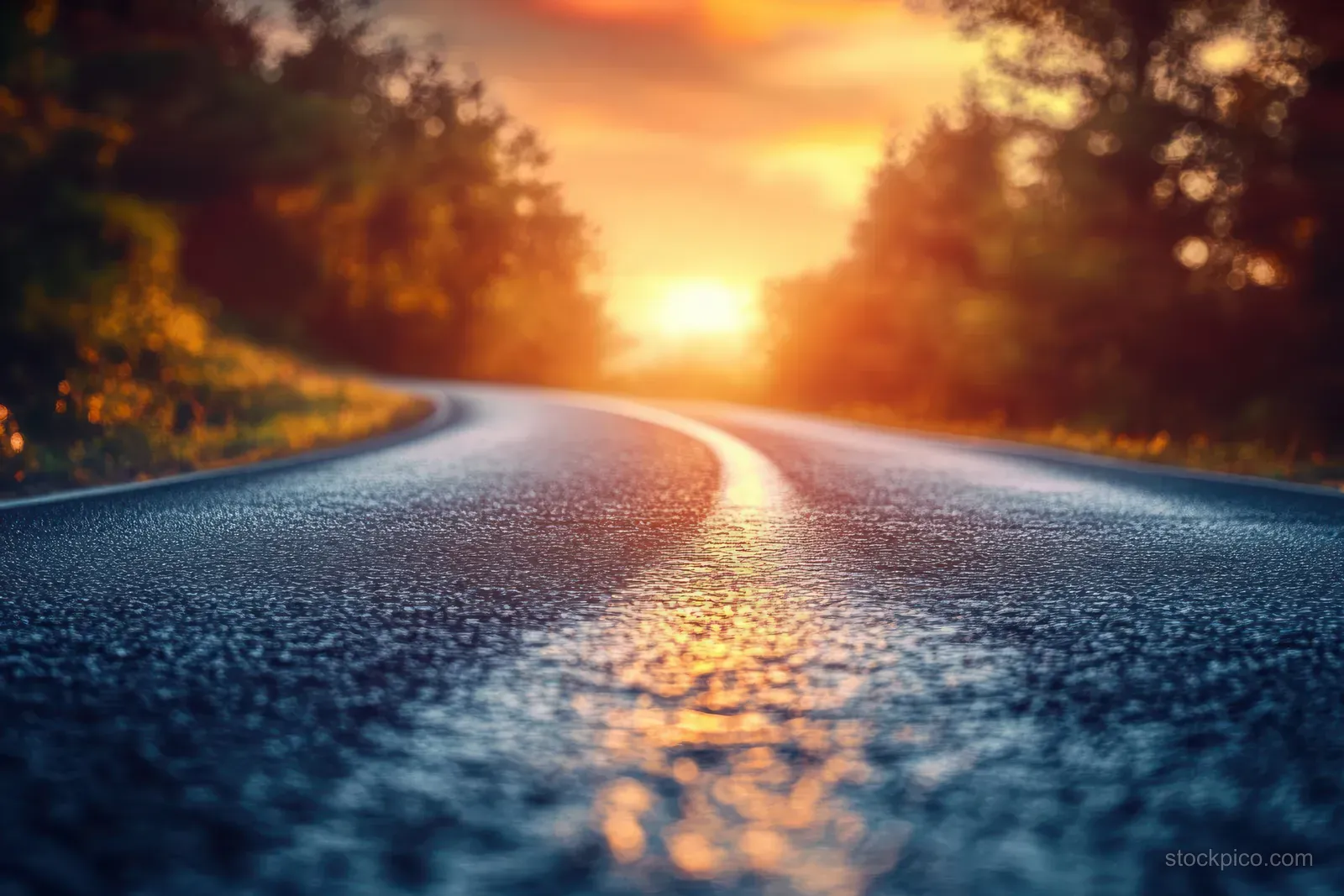 A winding asphalt road at sunset curves between autumn trees under a glowing orange sky.