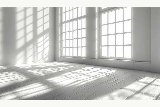 Sunlit window casts long shadows across empty white room floor, abstract light overlay