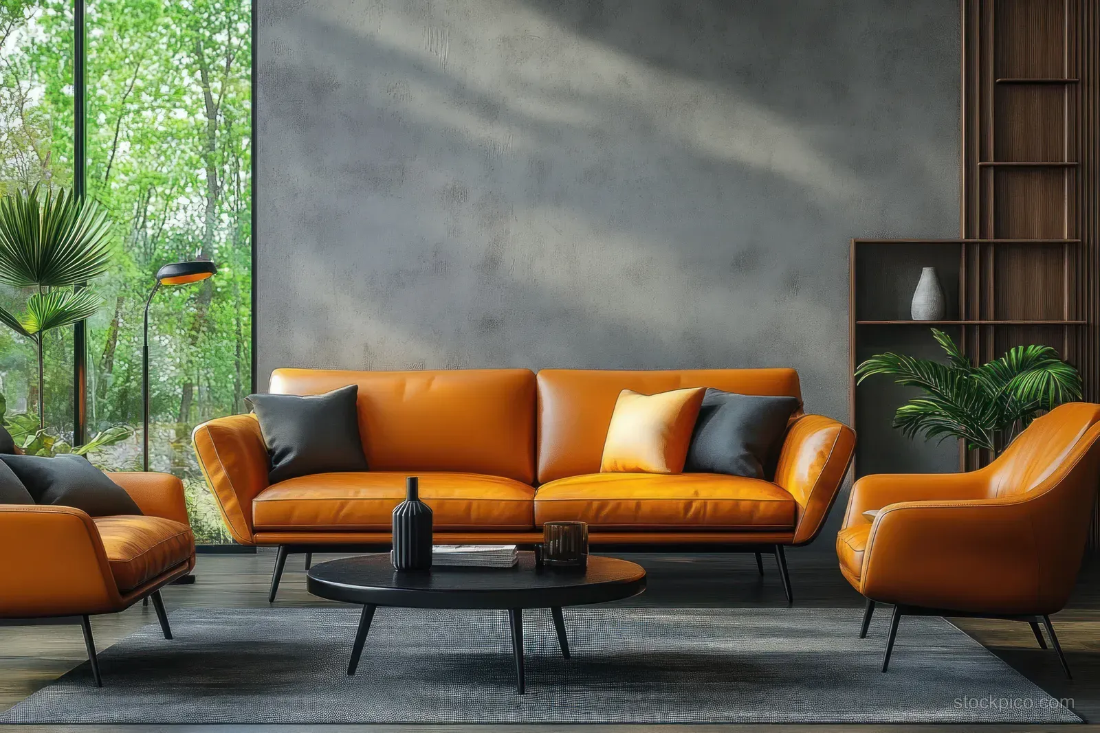 Warm orange mid-century sofas face a black coffee table with potted plants and daylight through large windows.