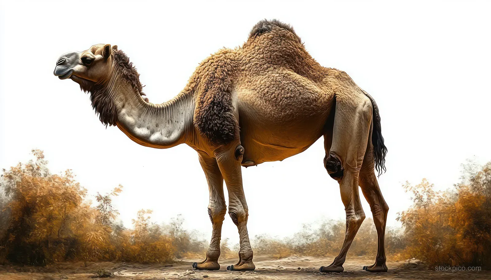 A camel stands in side profile on dry desert ground with sparse bushes under bright sky.