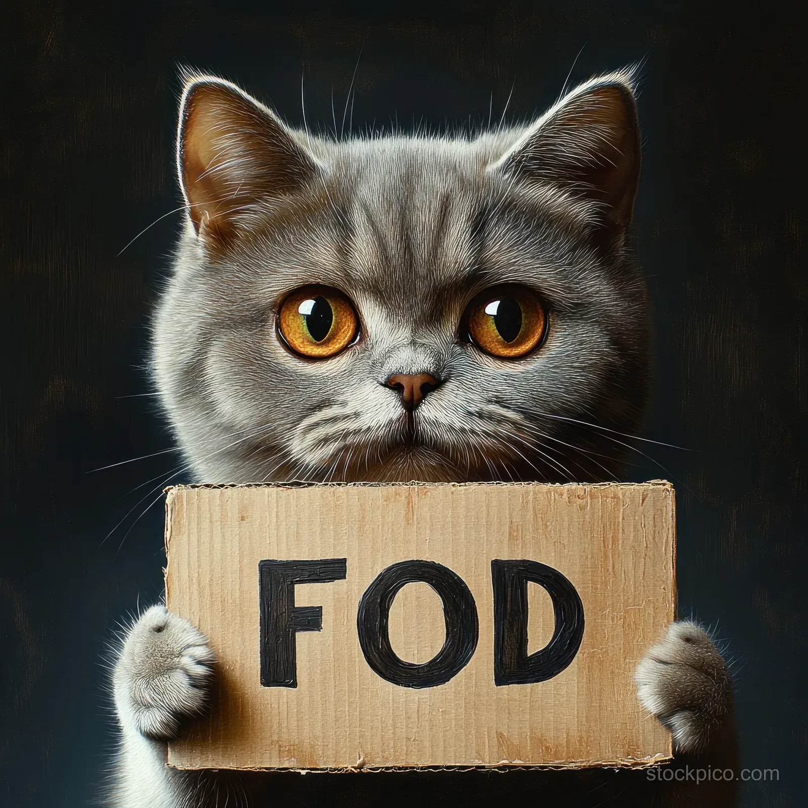Gray cat with amber eyes holds a cardboard sign on a dark background.