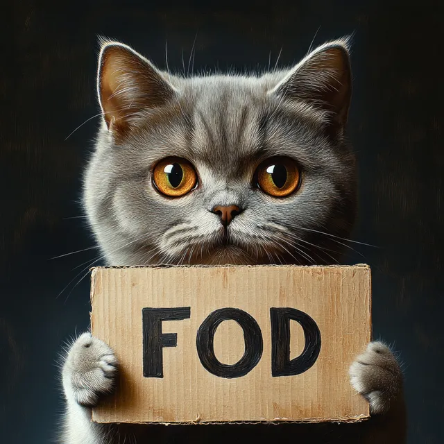 Gray cat with amber eyes holds a cardboard sign on a dark background.