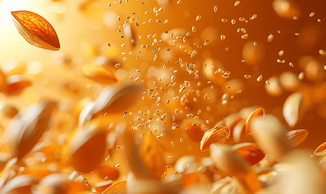 Roasted peanut kernels and shells burst outward in a golden splash with sparkling droplets on a blurred background.