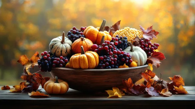 A wooden bowl filled with mini pumpkins, grapes, and corn sits on a wooden surface with scattered autumn leaves.