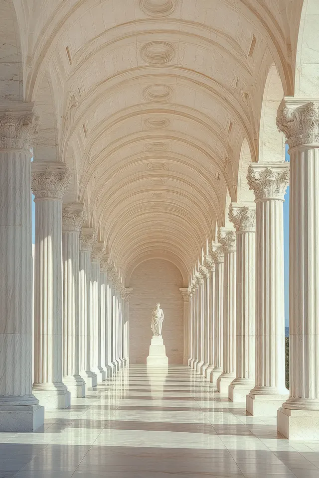 Sunlit marble colonnade with repeating columns leading to a statue beneath an arched ceiling.