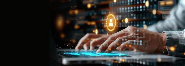 A person’s hands type on a laptop as a glowing certificate icon appears above the screen for quality control review.