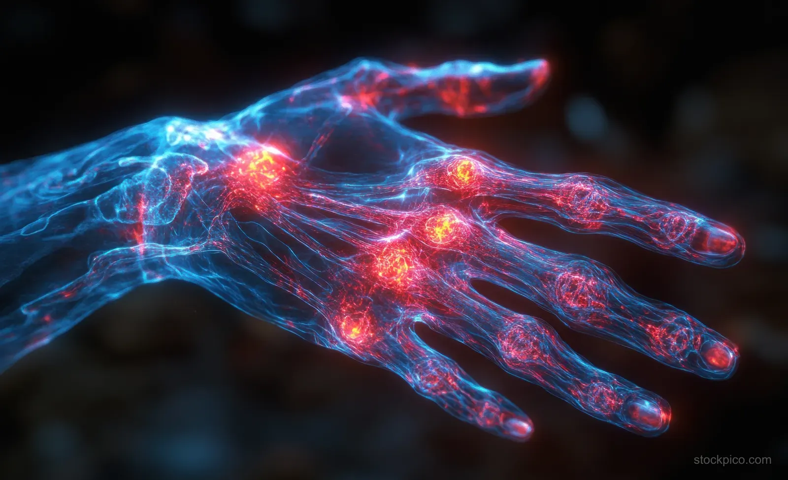 X-ray style illustration of a hand and wrist with glowing red and blue inflammation signals.