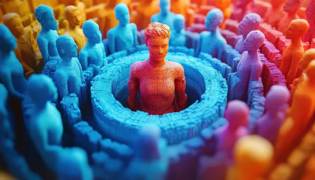 Colorful business crowd with glowing leader figure at center of strategy circle