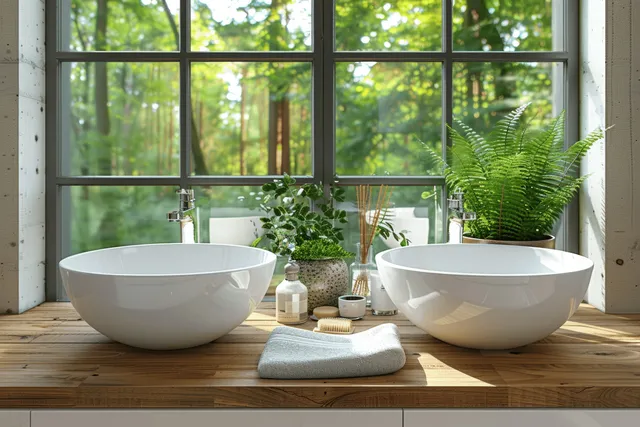 Two white sinks on a wooden bathroom counter with a reed diffuser and towel beside a sunny window.