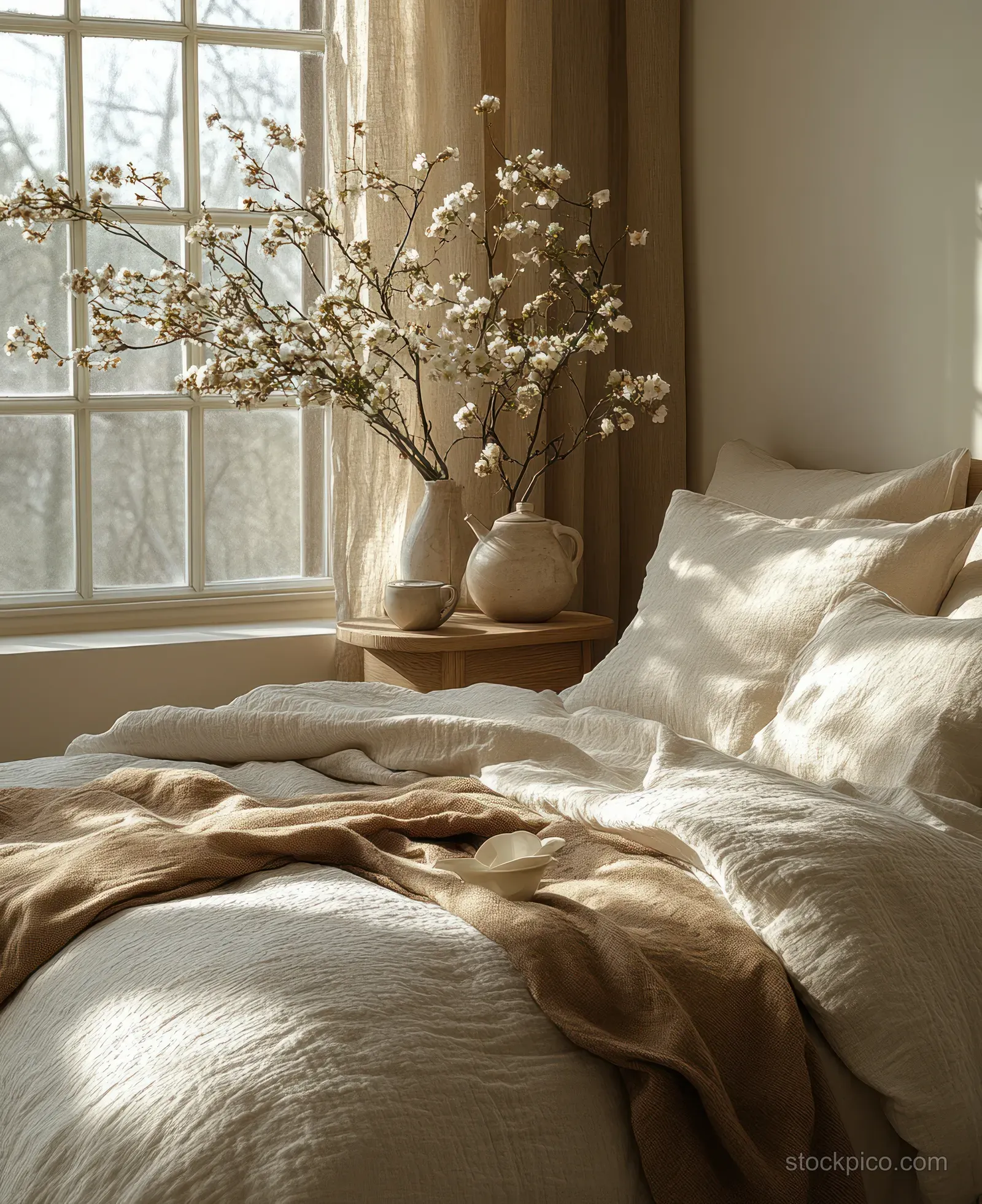 Neatly made minimalist bed beside a window with a vase of white flowers in soft daylight.