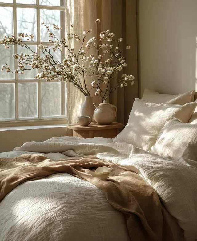 Neatly made minimalist bed beside a window with a vase of white flowers in soft daylight.