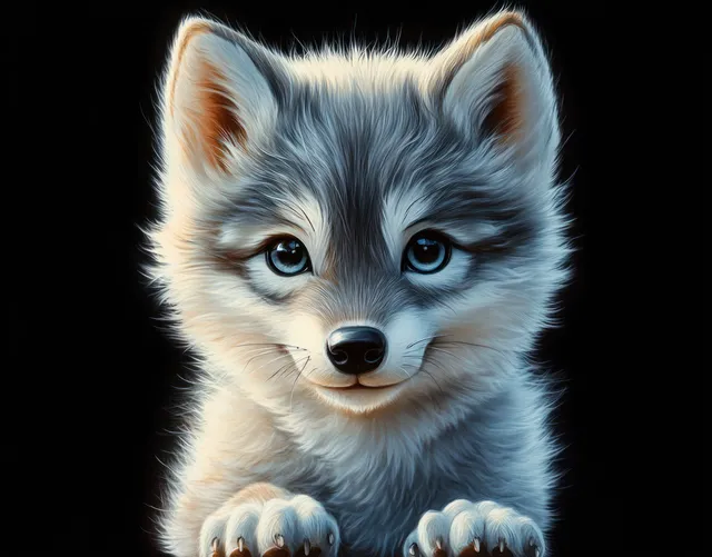 Fluffy wolf pup with bright blue eyes and pointed ears looks curiously forward in a close-up portrait against a dark background.