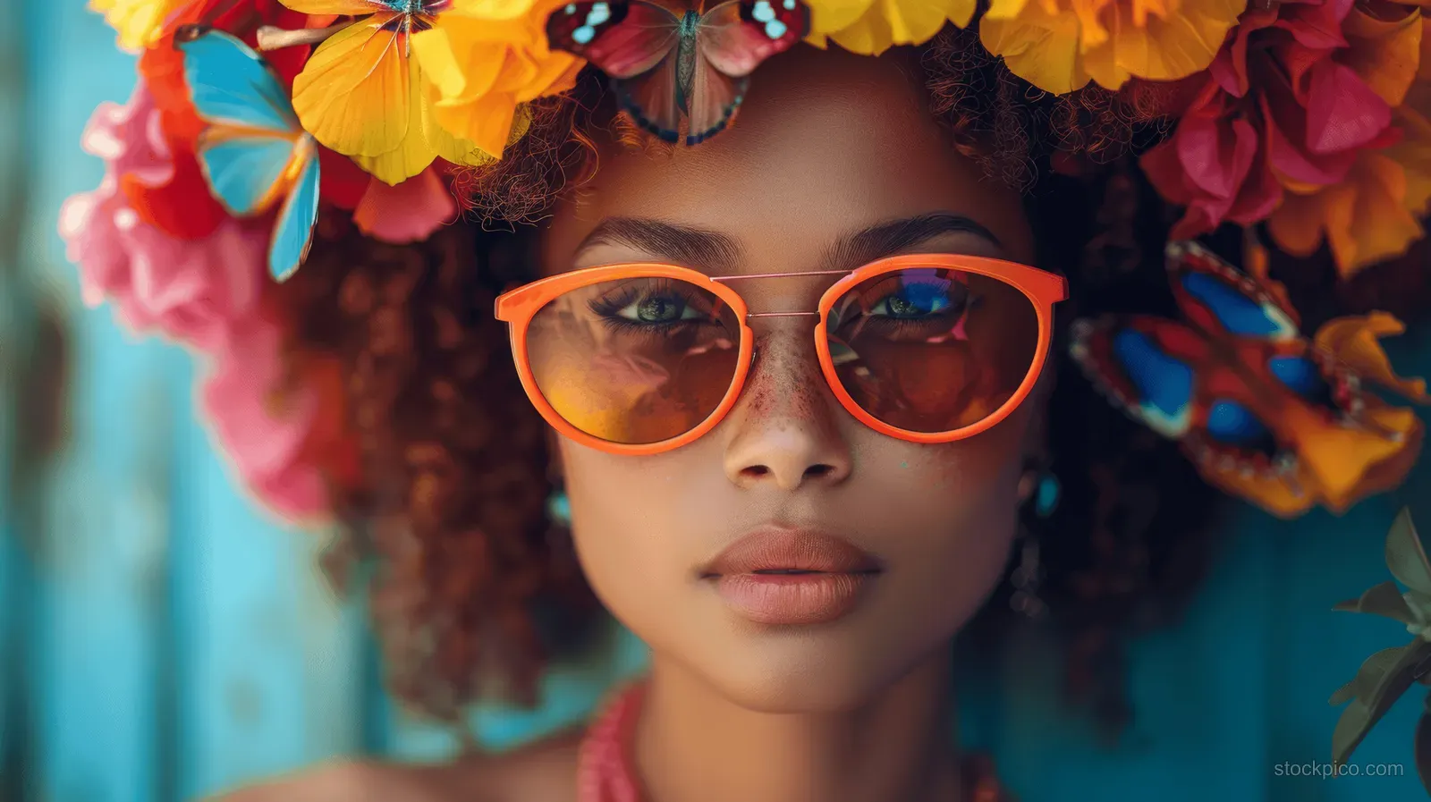 A woman with curly hair and stylish sunglasses is surrounded by butterflies and vibrant spring-summer flowers in a magical portrait.