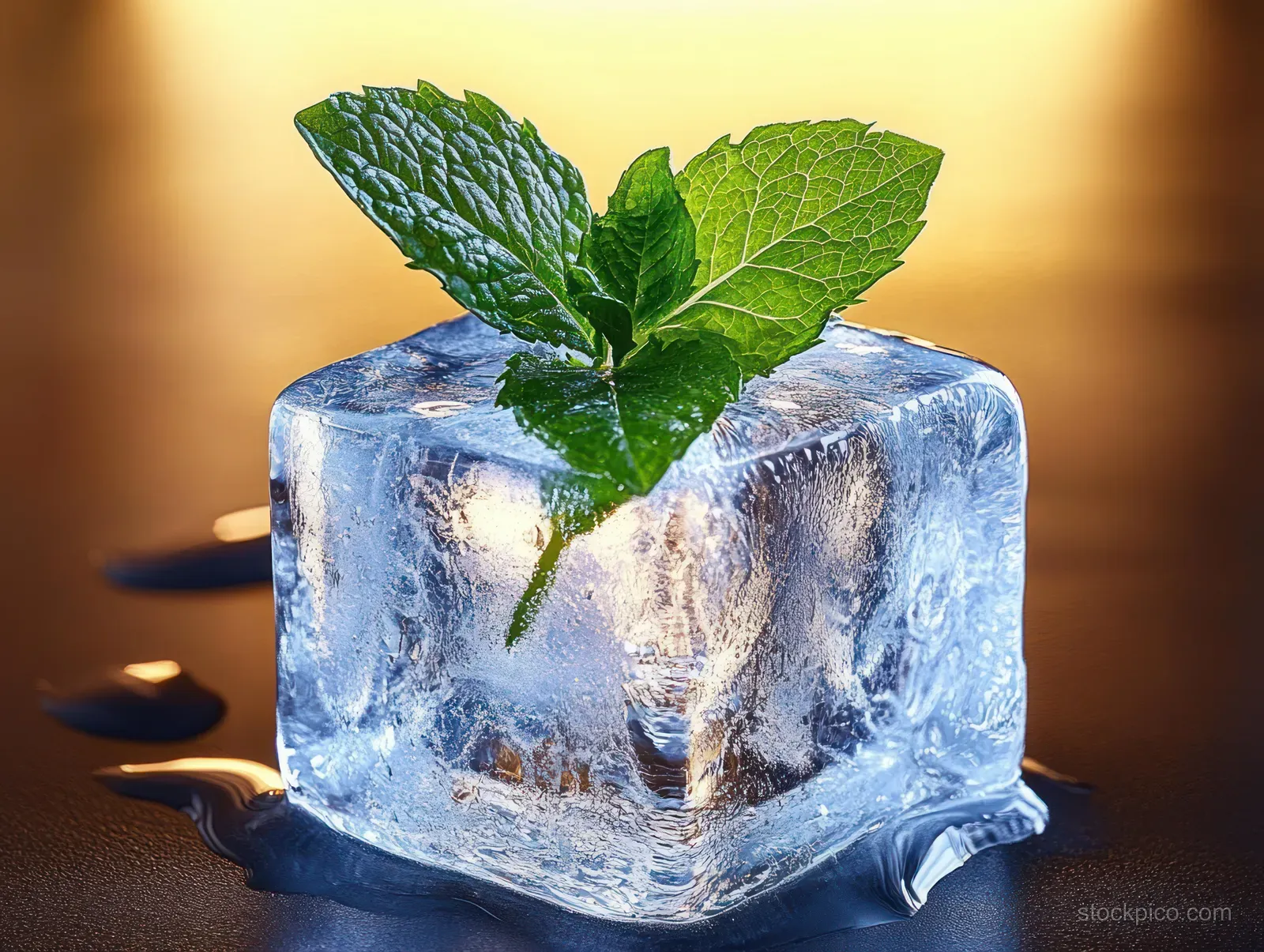 A clear melting ice cube with fresh green mint leaves on top against a warm golden background.