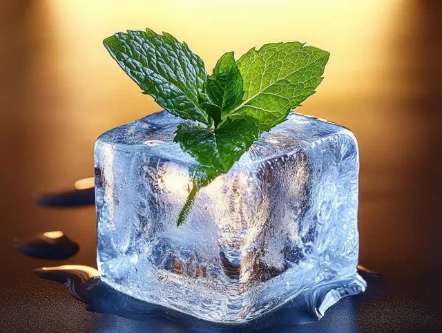 A clear melting ice cube with fresh green mint leaves on top against a warm golden background.